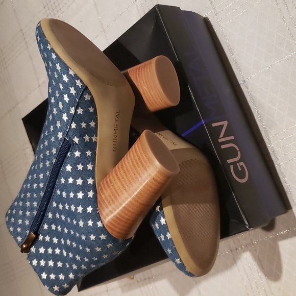 Gunmetal NEW Niana Ankle Bootie Boot Denim Metallic Silver Stars Block Heel NIB - Picture 7 of 14